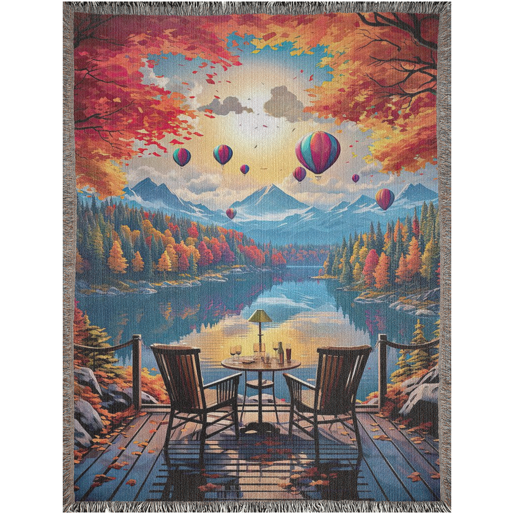 Autumn Lake Balloons Woven Blanket draped over a chair on a deck, with a scenic lake and hot air balloons in the background.