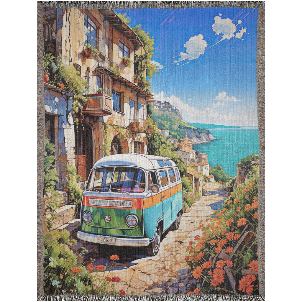 Woven blanket titled Van Life on the Med features a tapestry design with a parked bus, highlighting luxury and personal style from Artifact1337.