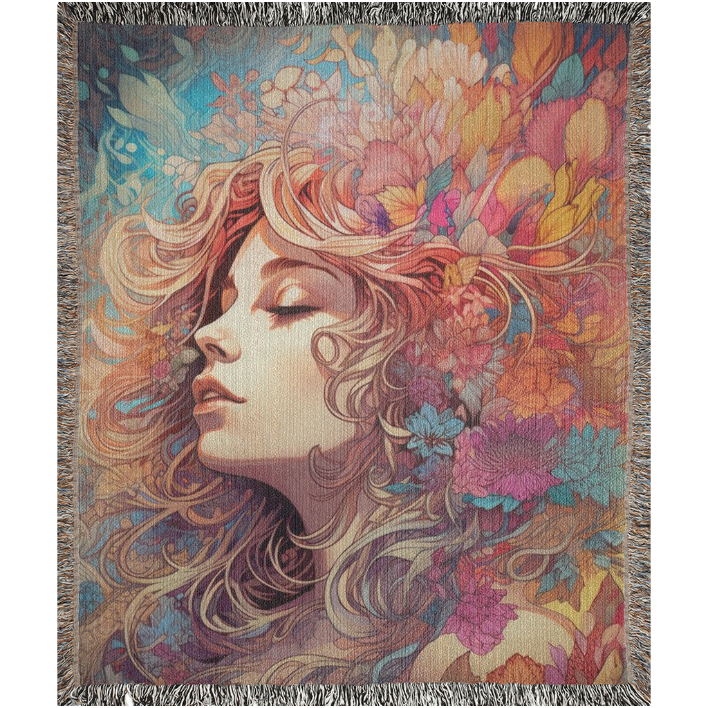 Beauty in Bloom I Woven Blanket features a woman with long hair adorned with flowers, capturing an artistic portrait perfect for home décor.