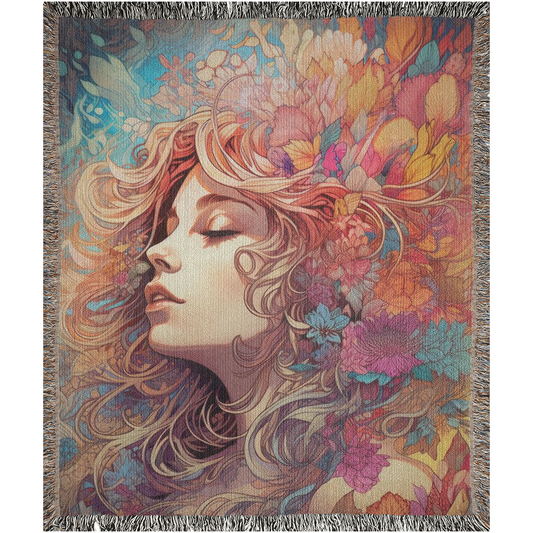 Beauty in Bloom I Woven Blanket features a woman with long hair adorned with flowers, capturing an artistic portrait perfect for home décor.