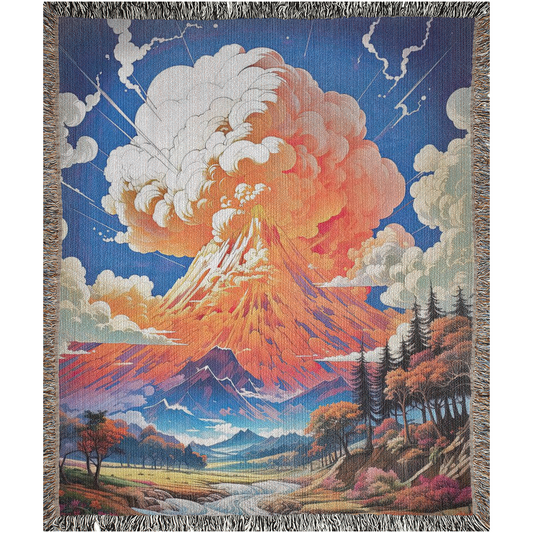 Summit Eruption Woven Blanket featuring a vibrant tapestry of a volcano, crafted from 100% cotton, perfect as a decorative throw or wall art.