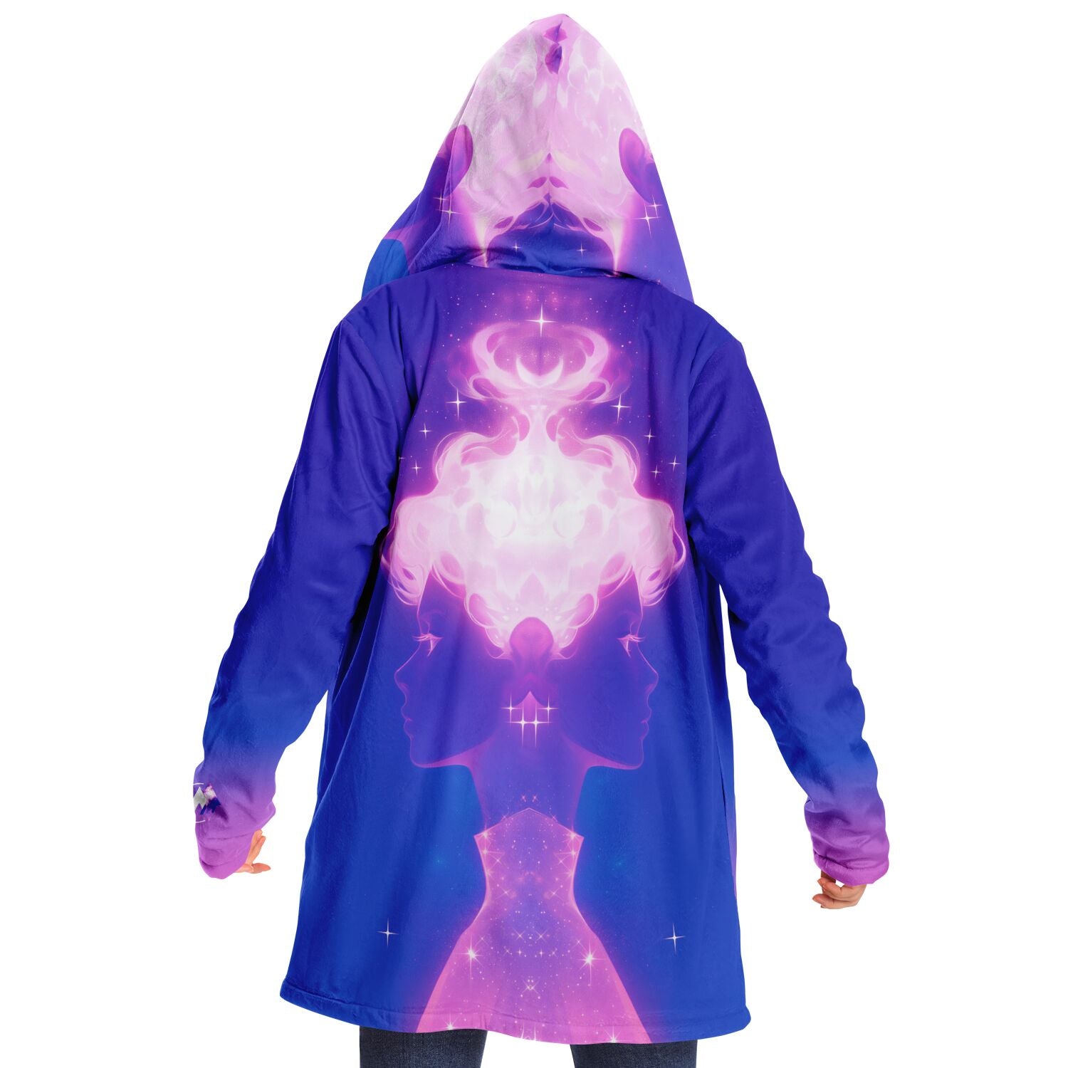 Person wearing the Ethereal Gem hoodie, showcasing a detailed design of a woman, highlighting the stylish comfort of the 1337 Cloak collection.