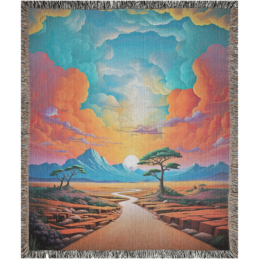 Surreal Desert Road Woven Blanket featuring a colorful landscape with a river and trees, perfect for enhancing home dรฉcor with luxury and style.