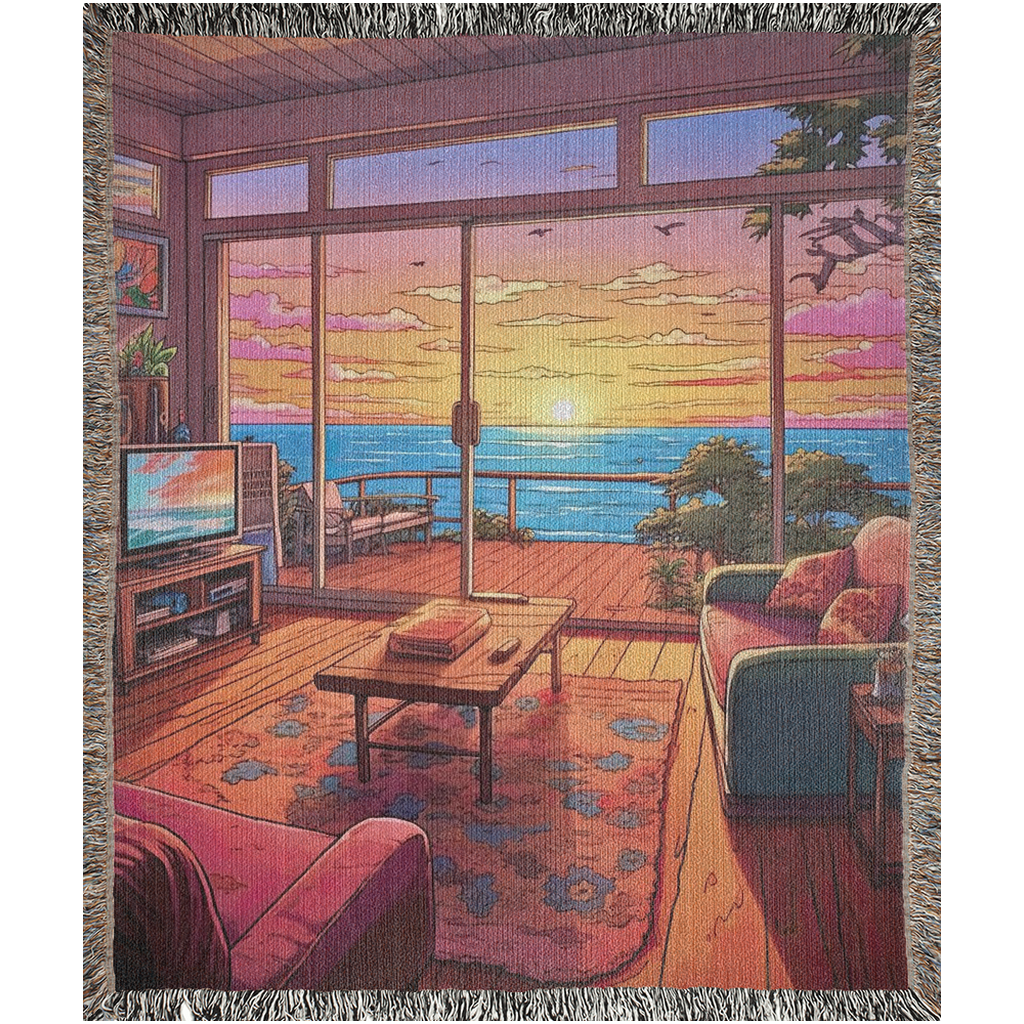 Netflix & Chill Woven Blanket displayed in a room with ocean view, draped over a couch. Perfect for adding luxury to home décor.