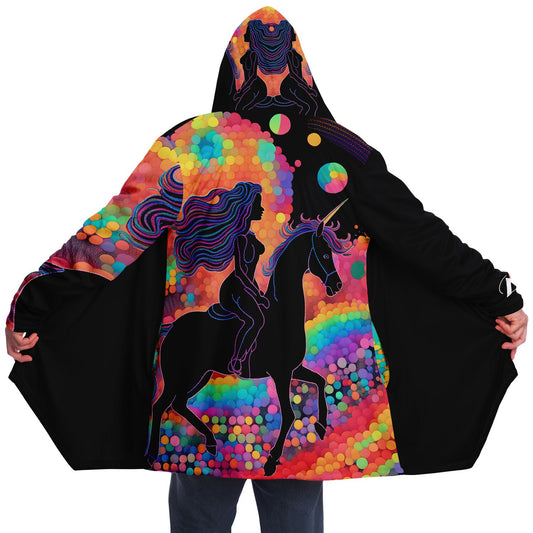 Person wearing Rainbow Runner 1337 Cloak, featuring a unicorn and rider design, showcasing premium micro-mink fabric and plush fleece lining for ultimate comfort.