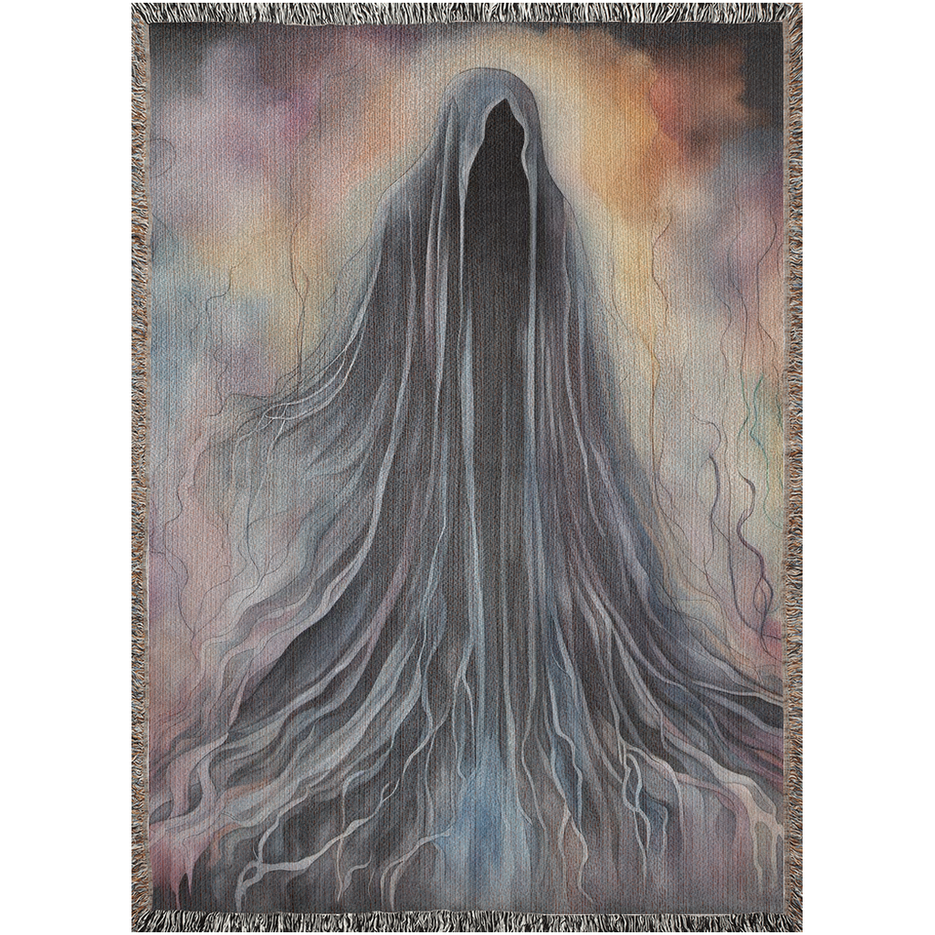 Silhouetted Soul II Woven Blanket featuring a ghostly figure with long hair, blending luxury art into a durable cotton throw.