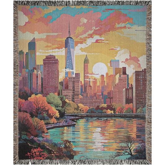 Woven blanket featuring a colorful tapestry of a city skyline and lake, titled New York in Pastels I, made from 100% pure cotton.