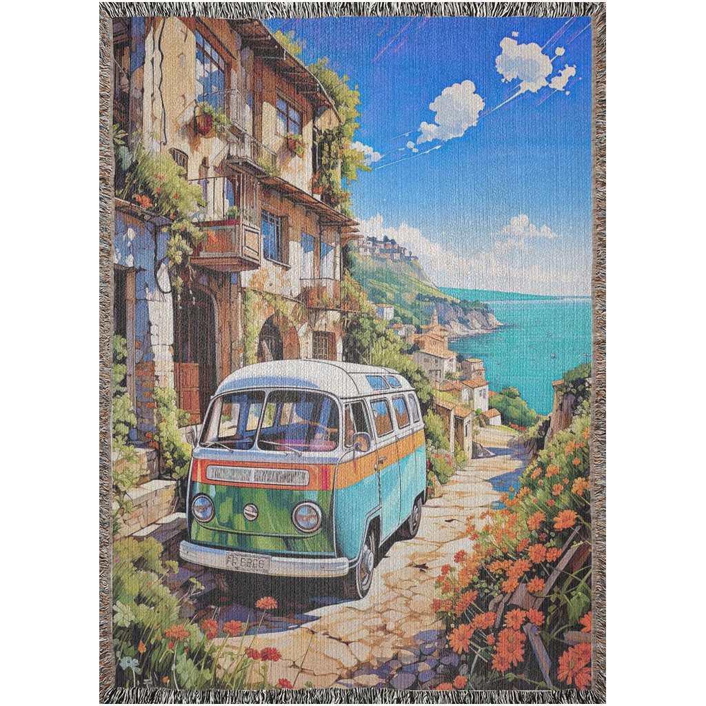 Woven blanket titled Van Life on the Med features a tapestry design with a parked bus, highlighting luxury and personal style from Artifact1337.