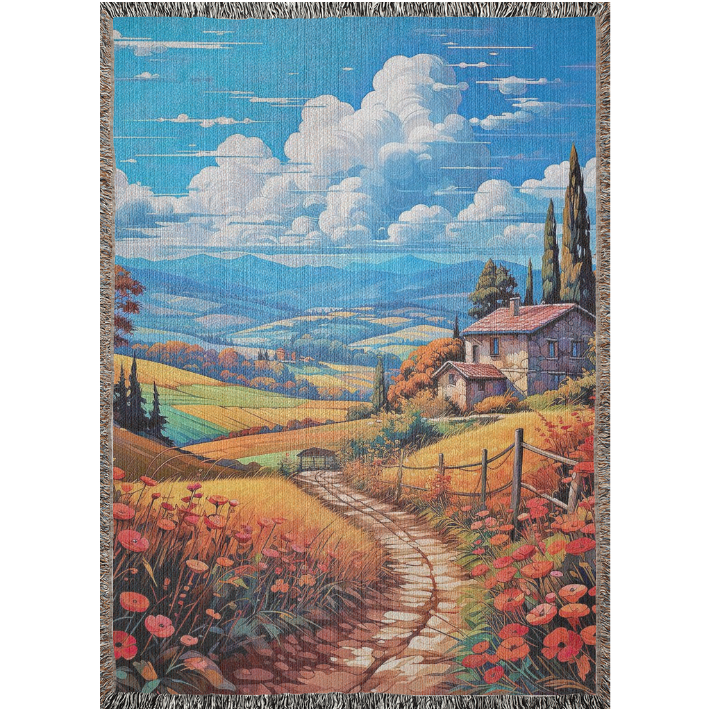 Poppies in Bloom Woven Blanket features an artistic landscape with a house and floral motifs, offering luxury and style for home decor.