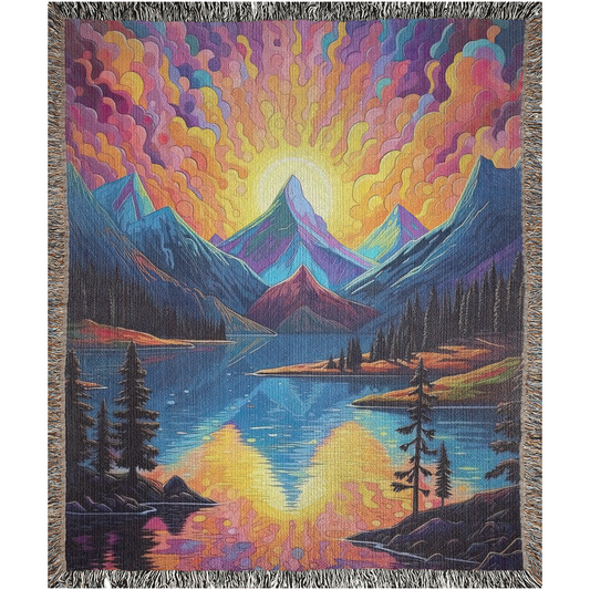 Skyward Serenade woven blanket features a vibrant tapestry with mountains and a lake, adding luxury and personality to your home decor.