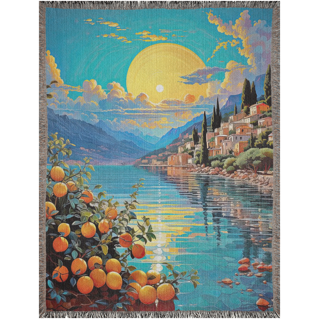 Surreal Menton Woven Blanket features a colorful tapestry design with oranges and a river, crafted from 100% cotton for luxury and durability.