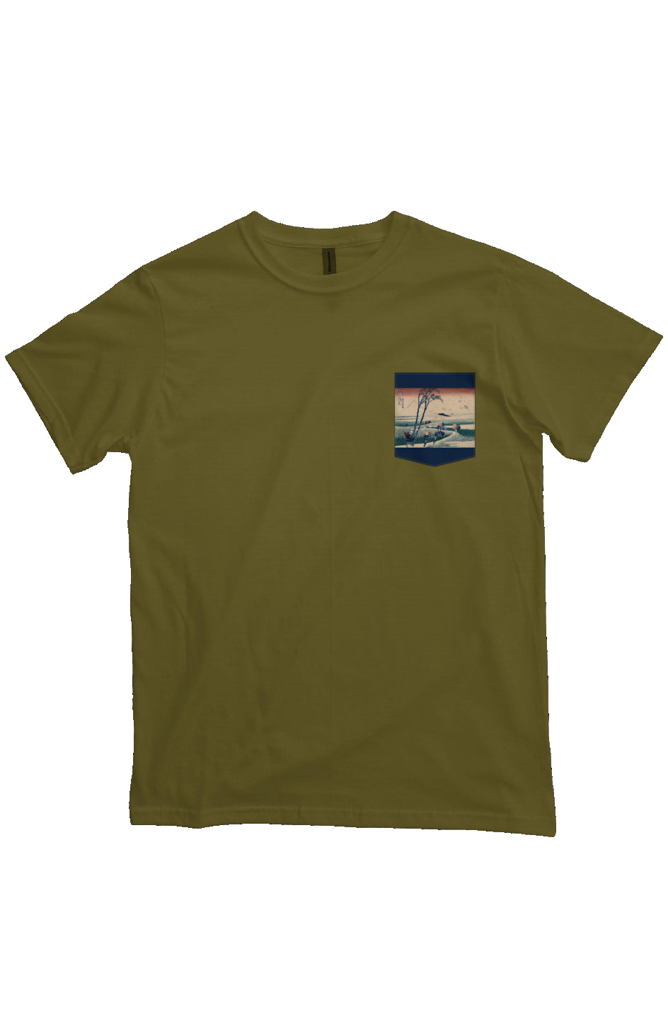 Ejiri in Suruga Province, Japanese Block Art Pocket T-Shirts, Ukiyo-e, heavyweight cotton fabric t-shirt, olive green