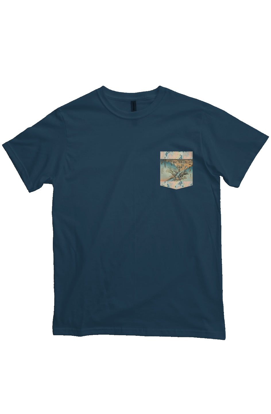 Red Maple Trees at the Tsuten Bridge, Japanese Block Art Pocket T-Shirts, Ukiyo-e, heavyweight cotton fabric t-shirt, "Pacific" blue