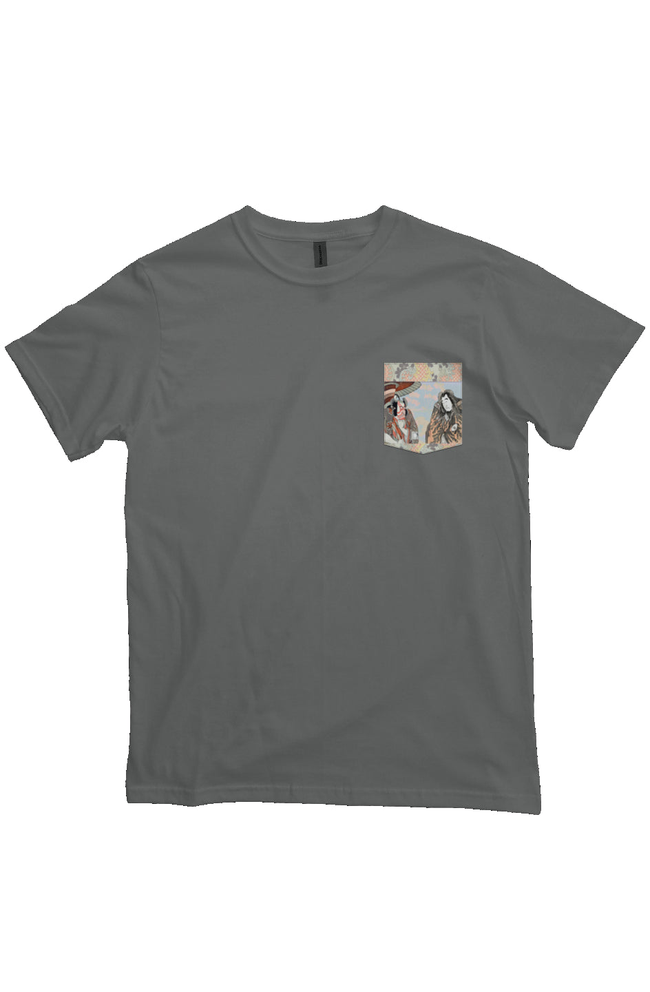 two japanese actors with fuji from gotenyama in background, Japanese Block Art Pocket T-Shirts, Ukiyo-e, heavyweight cotton fabric t-shirt, dark grey