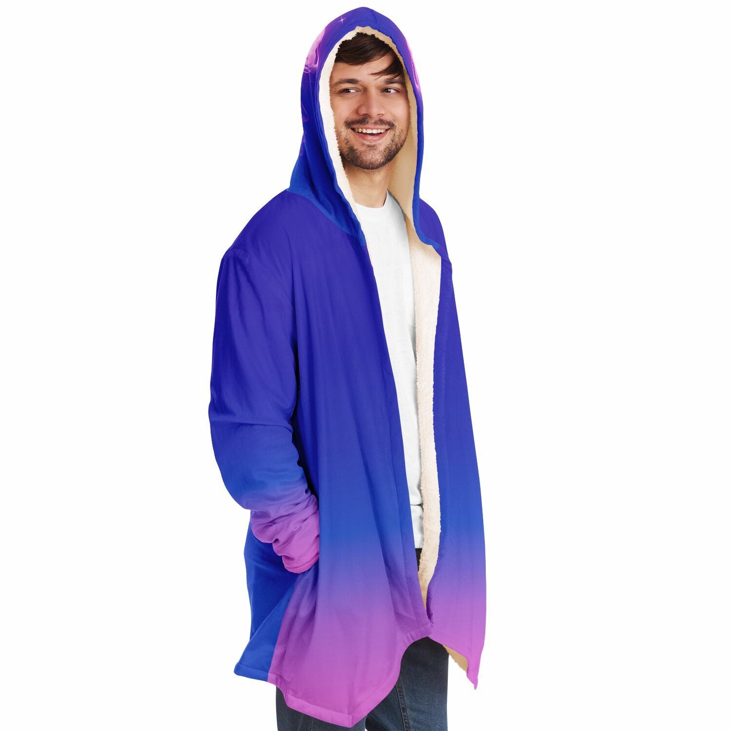 A man wearing the Ethereal Gem 1337 Cloak, showcasing its hooded design and luxurious fabric, perfect for warmth and style on chilly days.