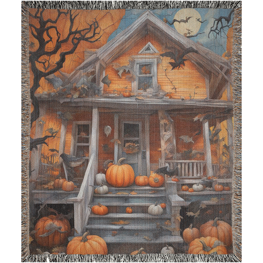 Pumpkin House Woven Blanket featuring a detailed house with pumpkins and bats, showcasing intricate art for a cozy, personalized home touch.