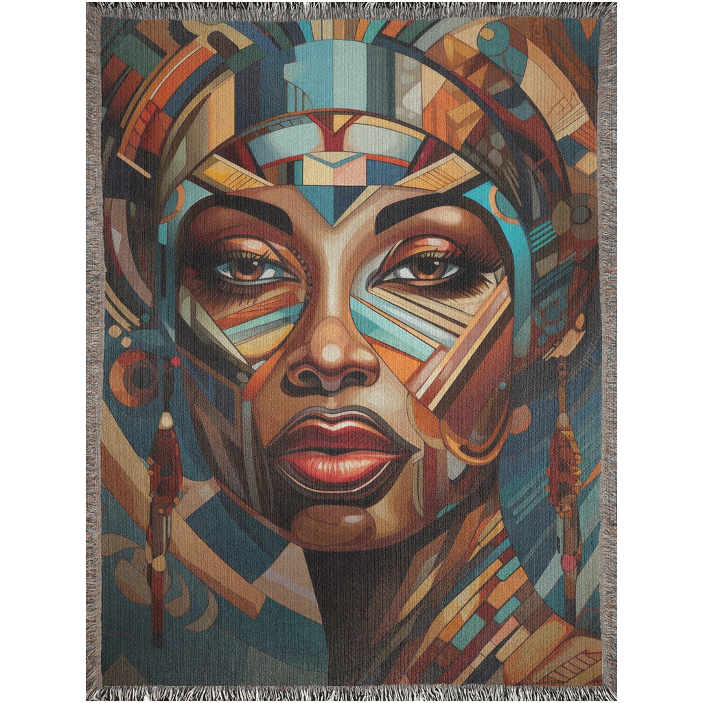 Cubist Beauty II Woven Blanket featuring a woman's face in a colorful tapestry, made from 100% cotton, perfect for home décor or gifting.