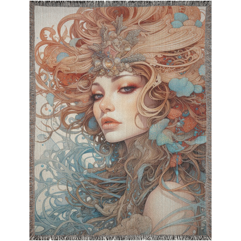 Beauty in Bloom III Woven Blanket features a woman with long hair adorned with flowers, capturing an artistic portrait perfect for home décor.