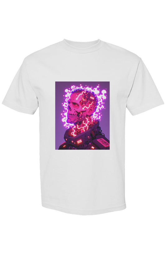 White T-shirt featuring a vivid cyberpunk graphic of a neon skull, part of the Shinjoku Streetwear II | Six 25 collection.