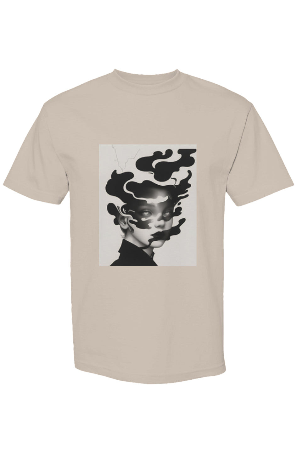 Light-tan crew-neck T-shirt from Shinjoku Streetwear III | Six 25, featuring a portrait obscured by smoke-like shapes, representing digital artistry on premium cotton.