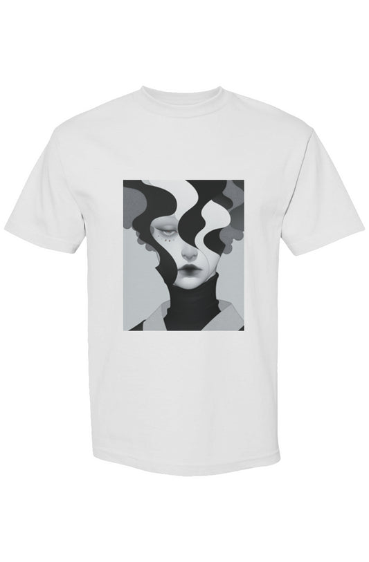 Shinjoku Streetwear X | Six 25 T-shirt featuring a surreal monochrome portrait with smoke-like curls on premium heavyweight cotton, boxy fit.