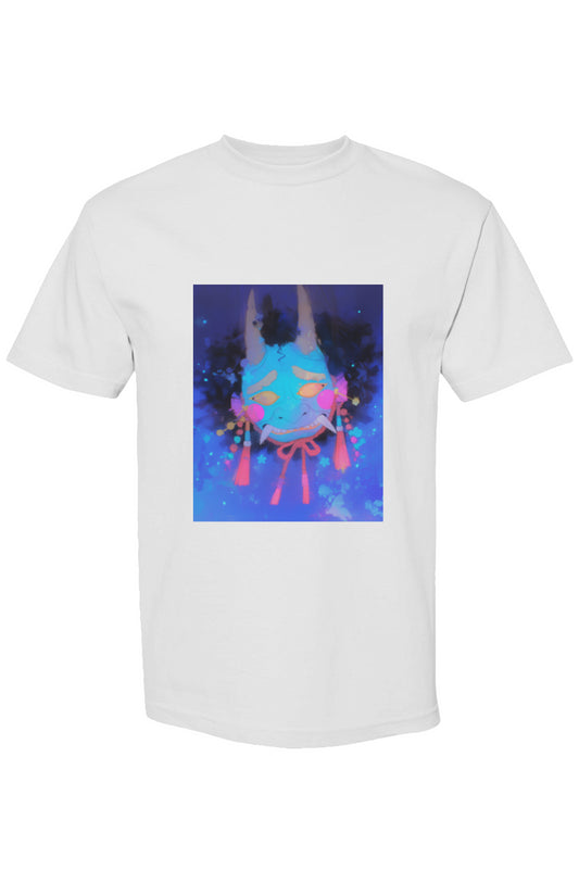 Shinjoku Streetwear XXVIII | Six 25: A white T-shirt featuring a neon-toned oni mask with horns, fangs, and tassels, set against a dark-blue sparkly backdrop.