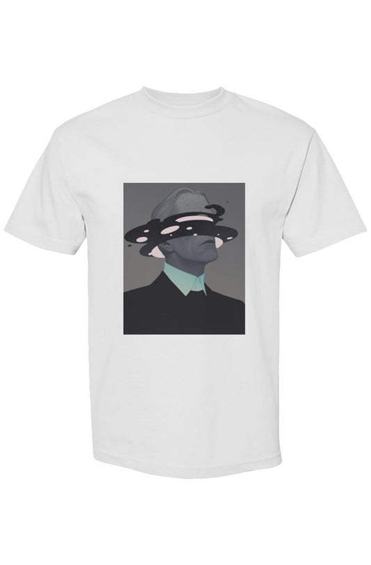 Shinjoku Streetwear XII | Six 25 T-shirt: White, short-sleeve with surreal portrait and cosmic swirl graphic, minimalist design in muted tones, boxy relaxed fit.