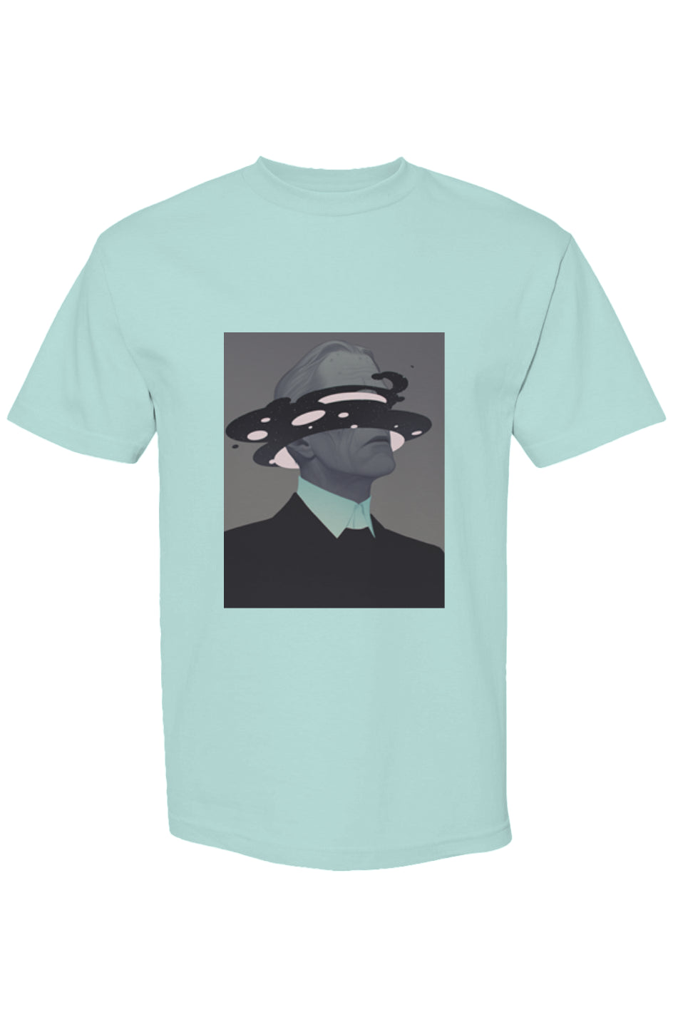 Shinjoku Streetwear XII | Six 25 T-shirt featuring a surreal graphic of a suited figure with a galaxy-like band obscuring his face.