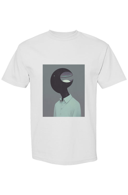 Shinjoku Streetwear XIV | Six 25: White T-shirt featuring a surreal portrait with a black orb head, cosmic crescent mouth, and mint-green shirt.