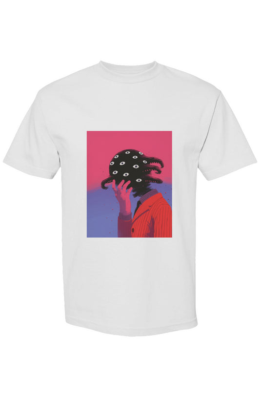 Shinjoku Streetwear XV | Six 25 T-shirt featuring a surreal graphic with a red-jacketed figure holding a head of eyeball-studded tendrils against a pink-purple gradient.