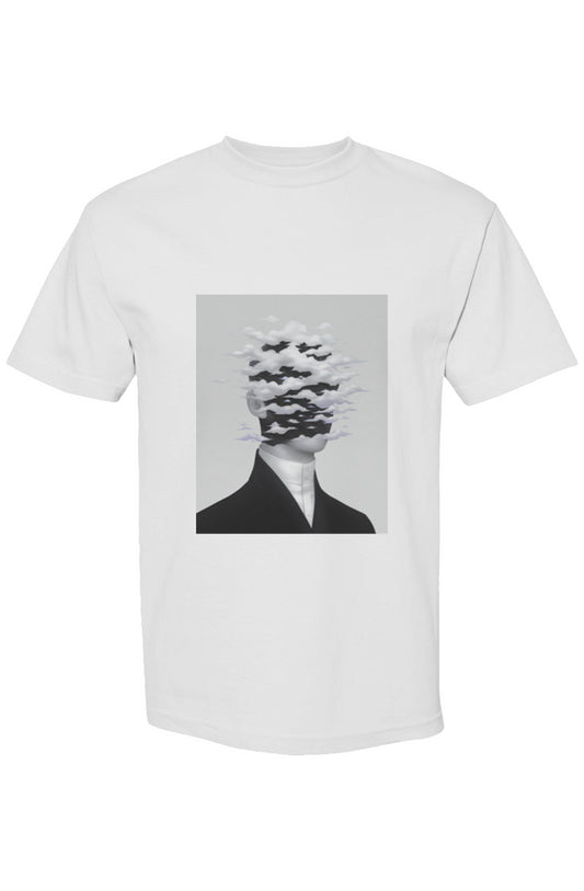 Shinjoku Streetwear XVII | Six 25: White T-shirt featuring surreal grayscale art of a headless figure with drifting clouds, embodying modern urban aesthetics.