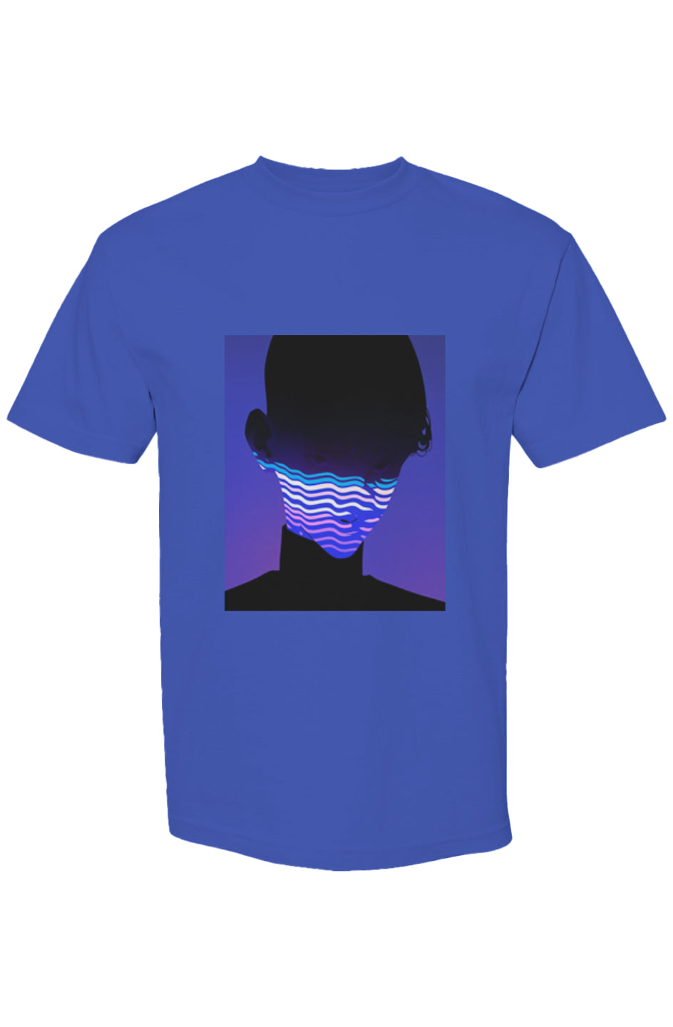 Shinjoku Streetwear XX | Six 25 T-shirt features a digital glitch silhouette graphic on royal-blue fabric, merging urban style with futuristic artistry.