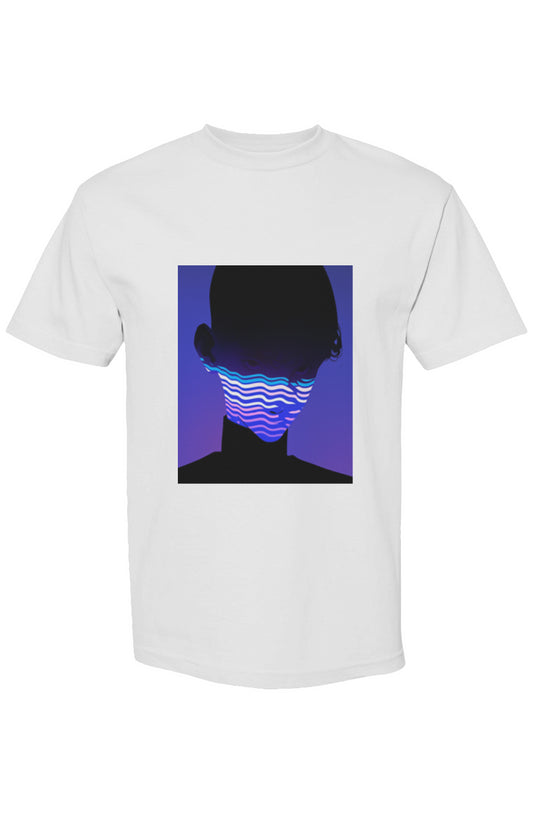 White T-shirt featuring a futuristic graphic from Shinjoku Streetwear XX | Six 25, showcasing a stylized silhouette with neon stripes on a purple-blue gradient.