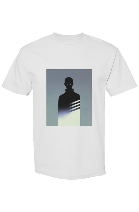 White T-shirt featuring a black silhouette with blue eyes, fading into a glitchy design. Part of Shinjoku Streetwear XXI | Six 25 collection.