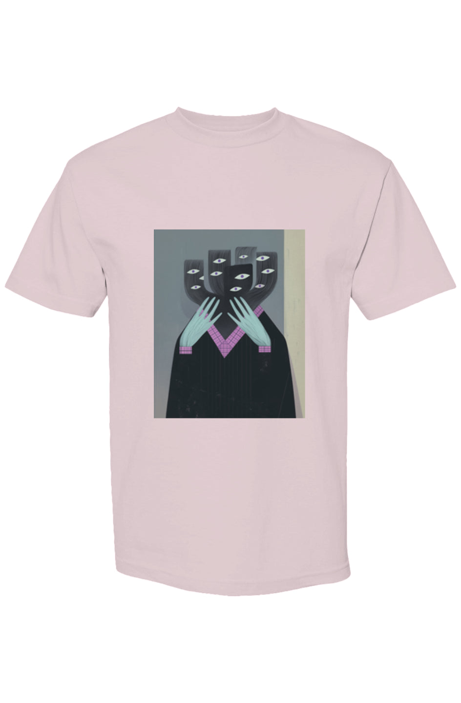 Surreal graphic T-shirt from Shinjoku Streetwear XXII | Six 25, featuring a faceless figure with eye-tipped branches and icy-blue hands.