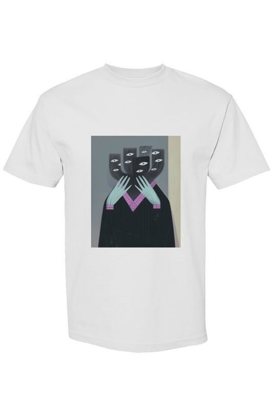 Surreal figure on Shinjoku Streetwear XXII | Six 25 T-shirt, features a robed body with a candelabra-like head and pale-blue hands.