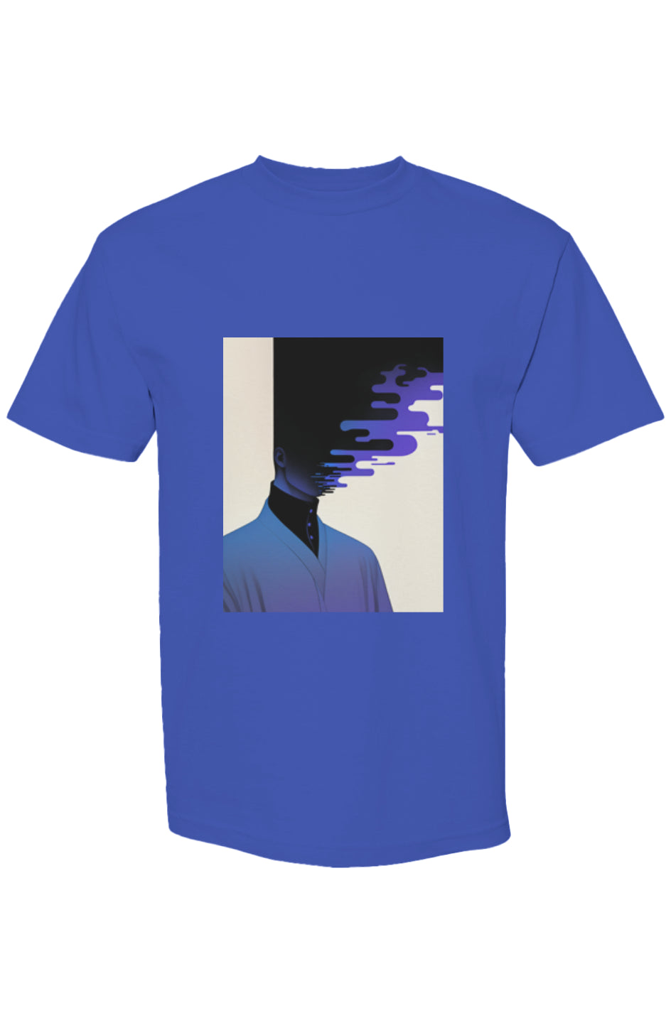 Royal-blue Six 25 T-shirt with surreal graphic of a half-silhouetted figure, head dissolving into purple glitch bars. Part of Shinjoku Streetwear XXIV collection.