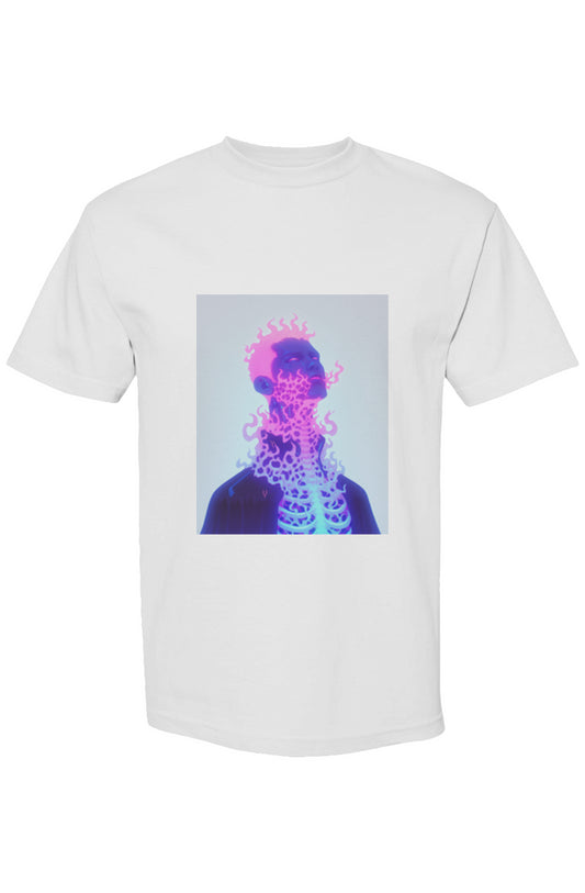 Shinjoku Streetwear XXVI | Six 25 T-shirt featuring neon-style digital art of a glowing skull with flame-like tendrils on a white heavyweight cotton tee.
