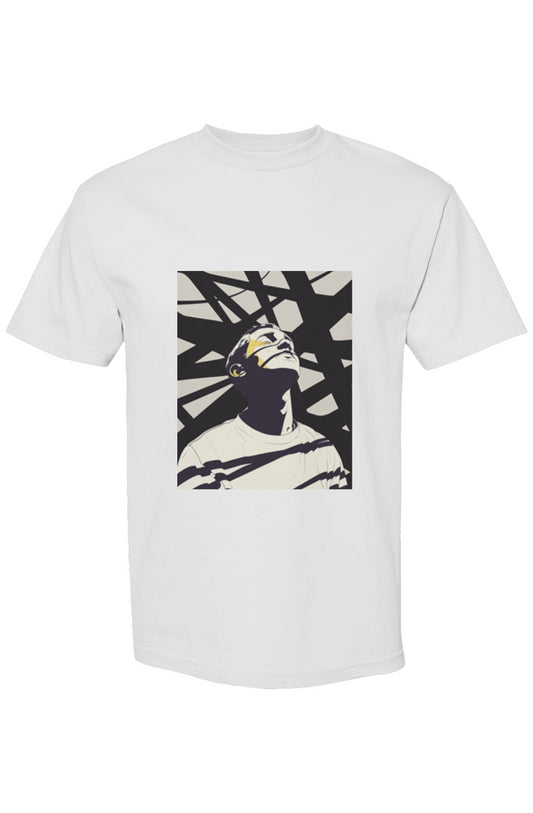 White T-shirt with a bold graphic of a young man under black abstract lines, part of the Shinjoku Streetwear XXVII | Six 25 collection.