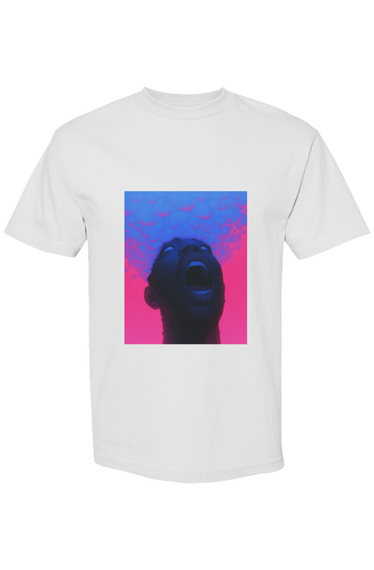 Shinjoku Streetwear XXIX | Six 25 T-shirt features a neon-toned portrait with birds on premium white cotton, showcasing bold, surreal digital artistry.