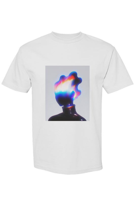 Plain white T-shirt from Shinjoku Streetwear I | Six 25, featuring a large glossy black silhouette with a multicolored flame head on the front.