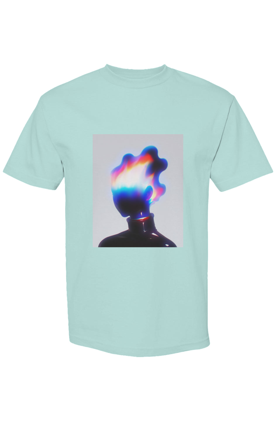 Light aqua T-shirt from the Shinjoku Streetwear I | Six 25 Collection, featuring a faceless bust with a multicolored flame head in a digital glitch style.