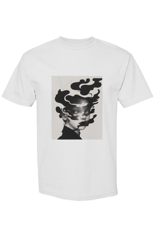 Plain white T-shirt featuring a surreal portrait of a dissolving face, part of the Shinjoku Streetwear III: Six 25 collection, embodies modern urban aesthetics.