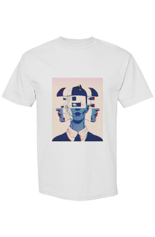Plain white T-shirt with surreal glitch art graphic, featuring a fragmented blue-toned bust; part of Shinjoku Streetwear IV | Six 25 collection.