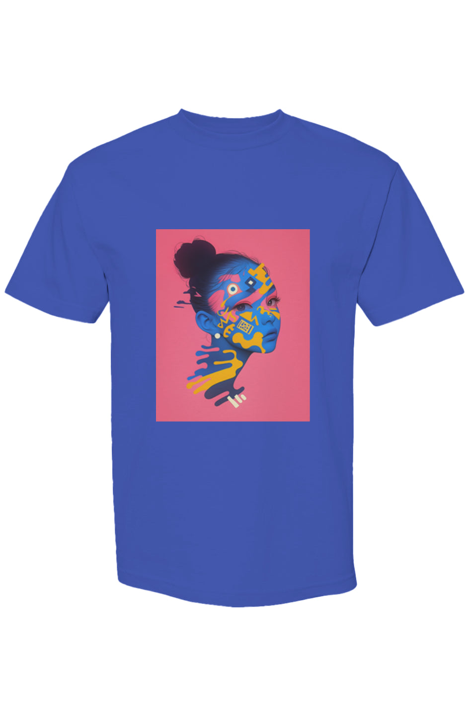 Shinjoku Streetwear VI | Six 25 royal-blue T-shirt featuring a pop-art portrait of a woman in profile, showcasing bold geometric shapes on premium cotton.