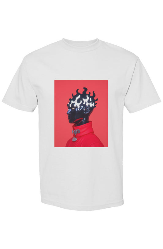 Shinjoku Streetwear VII | Six 25 white T-shirt featuring a stylized black head in a red jacket with flaming hair on a red background.