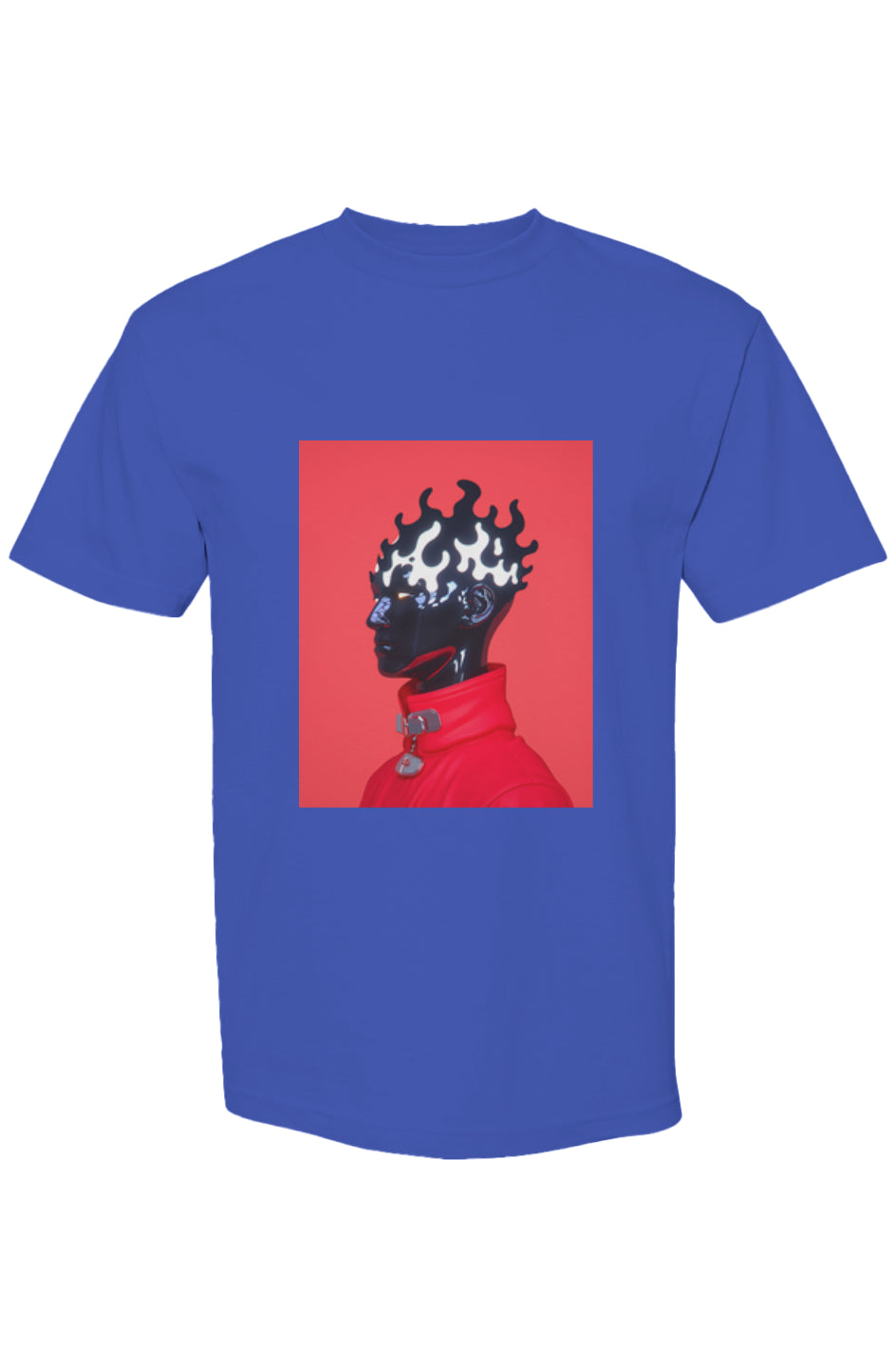 Royal-blue T-shirt featuring Shinjoku Streetwear VII | Six 25 design with a mannequin bust in a red jacket and flame-like details.