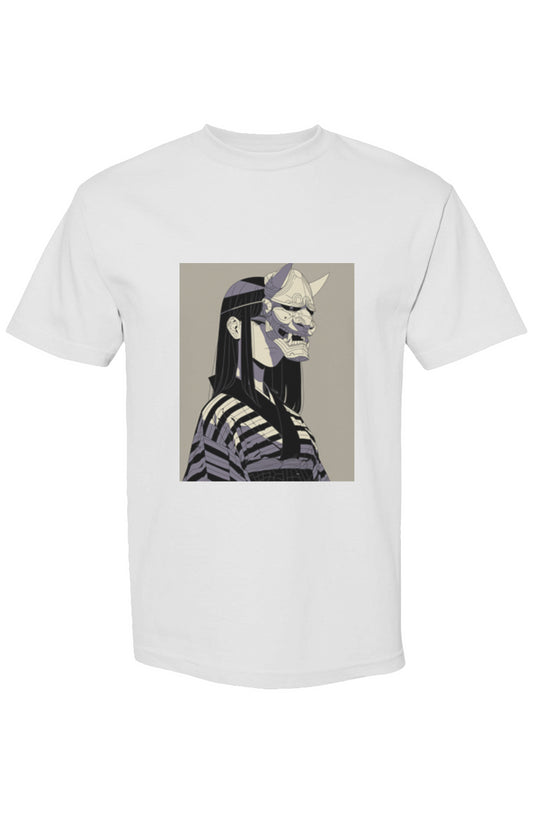Anime-style graphic T-shirt featuring a masked figure, part of the Shinjoku Streetwear IX | Six 25 collection, capturing digital artistry in muted tones.