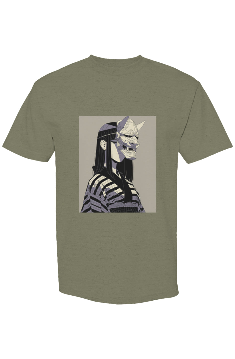 Olive-green Shinjoku Streetwear IX | Six 25 T-shirt featuring a graphic of a figure in a striped top with a Japanese oni mask.