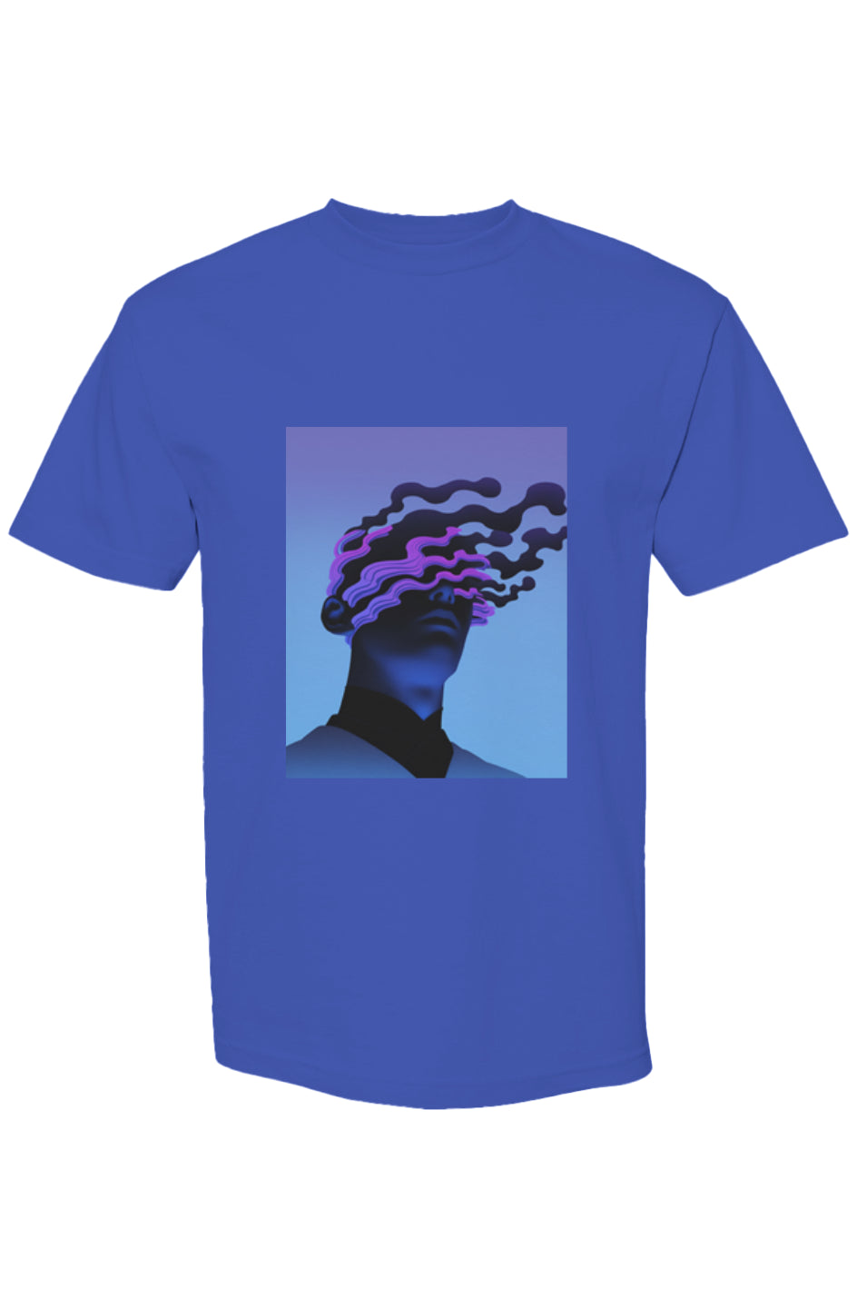 Cobalt-blue T-shirt from Shinjoku Streetwear XIII | Six 25, featuring surreal digital art of a stylized bust with smoke-like ribbons obscuring the face.